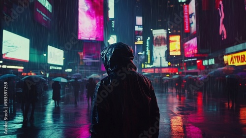 A person in a raincoat stands in the rain amidst a bustling cityscape illuminated by vibrant neon lights and advertisements, creating an atmospheric night scene.