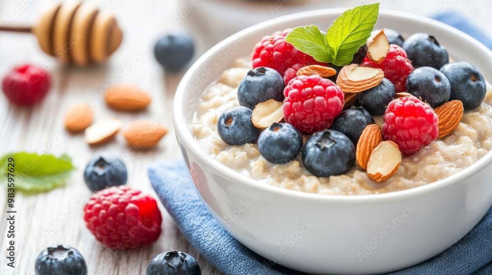 A delicious bowl of oatmeal topped with fresh blueberries, raspberries, and almonds, garnished with mint leaves, evokes sense of healthy indulgence and vibrant flavors A delicious bowl of oatmeal topped with fresh blueberries, raspberries, and almonds, garnished with mint leaves, evokes sense of healthy indulgence and vibrant flavors
