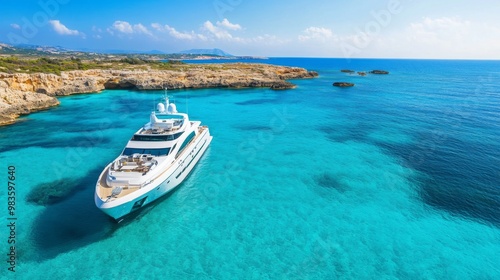 A luxurious white yacht is anchored in pristine, crystal clear, turquoise waters near a rocky coastline, with a stunning backdrop of distant hills under a clear blue sky.