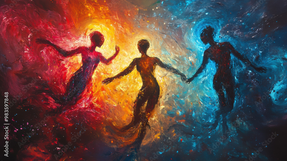 Naklejka premium vibrant artwork features abstract human figures made of swirling glowing colors, representing connection and energy. dynamic hues evoke sense of movement and emotion