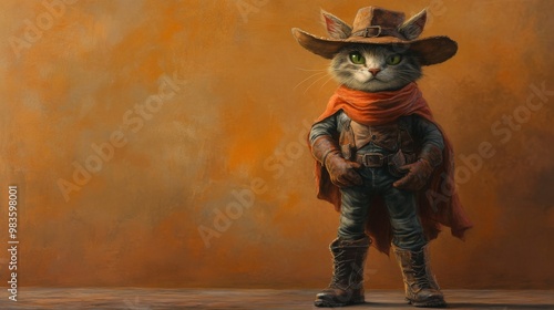 This image features a charming cat dressed in a detailed cowboy outfit, complete with a hat, cape, and boots, standing confidently against a rustic orange background.