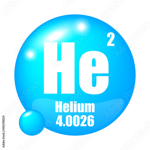 Helium element icon. Atomic symbol He. Number two and mass 4.0026. Blue glossy sphere.