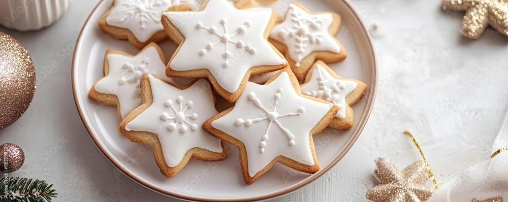 Delicious star-shaped cookies decorated with white icing, perfect for festive celebrations and holiday gatherings. Delicious star-shaped cookies decorated with white icing, perfect for festive celebrations and holiday gatherings.