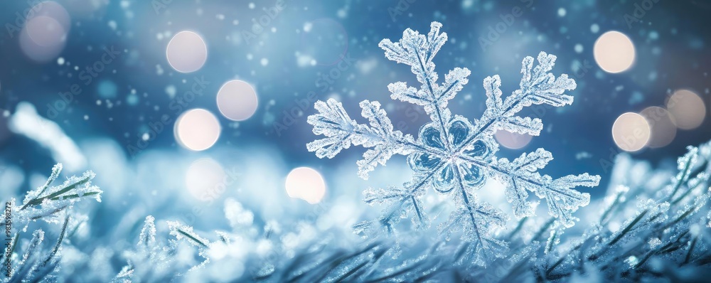A stunning close-up of a snowflake, capturing its intricate details against a beautiful winter backdrop with soft bokeh lights. A stunning close-up of a snowflake, capturing its intricate details against a beautiful winter backdrop with soft bokeh lights.