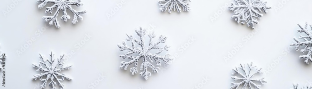 Delicate white snowflakes arranged on a light background, creating a serene winter ambiance for festive and holiday themes. Delicate white snowflakes arranged on a light background, creating a serene winter ambiance for festive and holiday themes.
