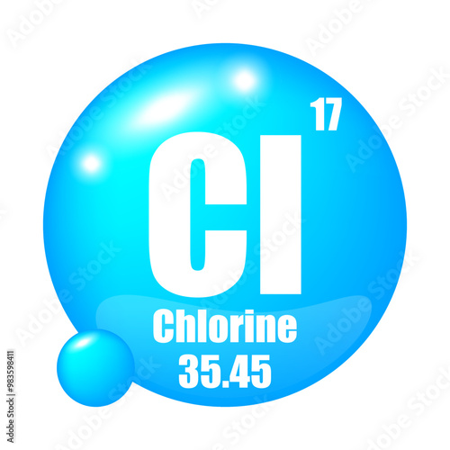 Chlorine icon. Cl chemical element. Atomic number 17. Mass 35.45. Blue sphere image. Vector symbol.
