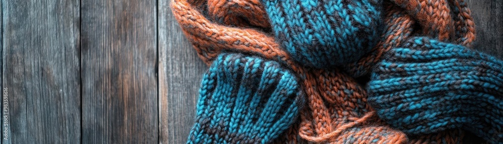Close-up of a cozy knitted scarf in vibrant colors, perfect for autumn or winter aesthetics. Beautiful fabric texture and pattern. Close-up of a cozy knitted scarf in vibrant colors, perfect for autumn or winter aesthetics. Beautiful fabric texture and pattern.
