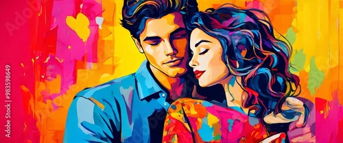 A vibrant and expressive abstract painting of a couple embracing, surrounded by colorful, bold brushstrokes. The dynamic artwork captures the emotional intensity and passion of love, with striking use photo