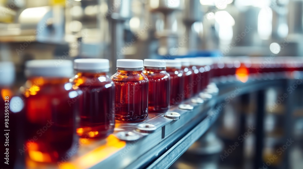 Industrial Conveyor Belt with Bottles of Liquid on Production Line Industrial Conveyor Belt with Bottles of Liquid on Production Line