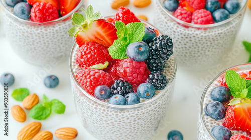 Chia pudding topped with fresh fruits and nuts creates vibrant and healthy dessert. colorful mix of berries and mint adds refreshing touch to this nutritious treat