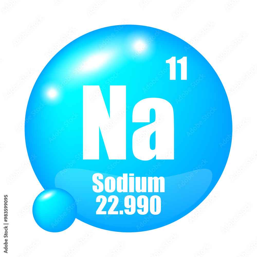 Sodium element icon. Atomic number 11. Atomic mass 22.990. Blue circular symbol. Sodium element icon. Atomic number 11. Atomic mass 22.990. Blue circular symbol.