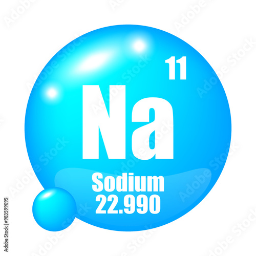 Sodium element icon. Atomic number 11. Atomic mass 22.990. Blue circular symbol.