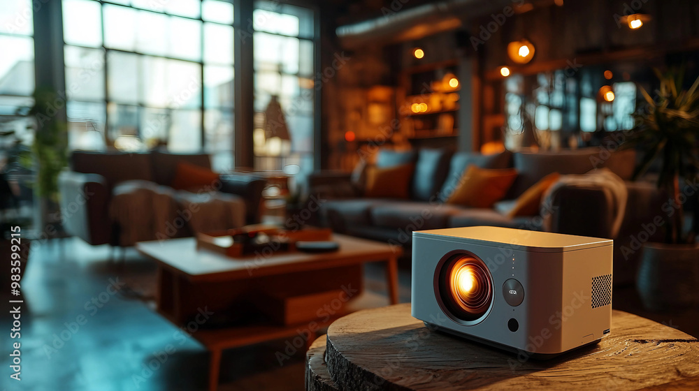 A projector is sitting on a wooden table in a living room A projector is sitting on a wooden table in a living room