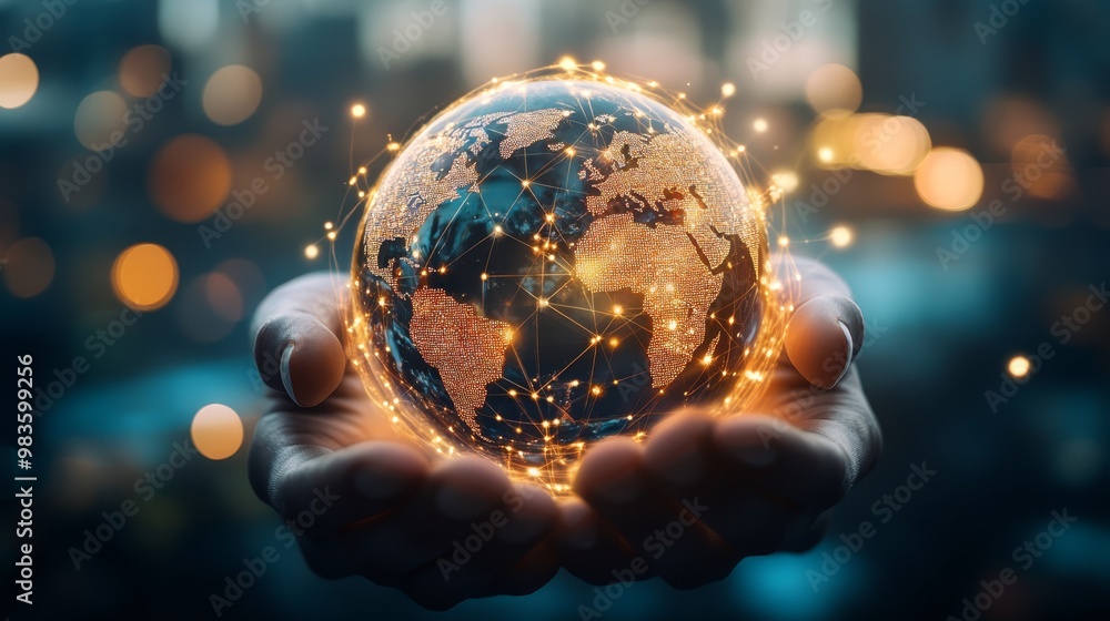 Fototapeta premium Global Network Connection in Hands Earth Globe with Light
