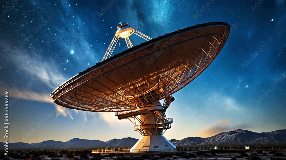 A massive radio telescope stands against a backdrop of a star-filled night sky, illuminating the surrounding landscape. A massive radio telescope stands against a backdrop of a star-filled night sky, illuminating the surrounding landscape.