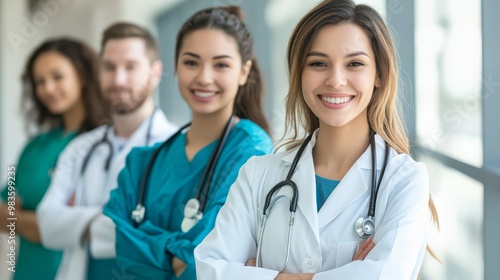 Confident Female Doctor with Team in Hospital