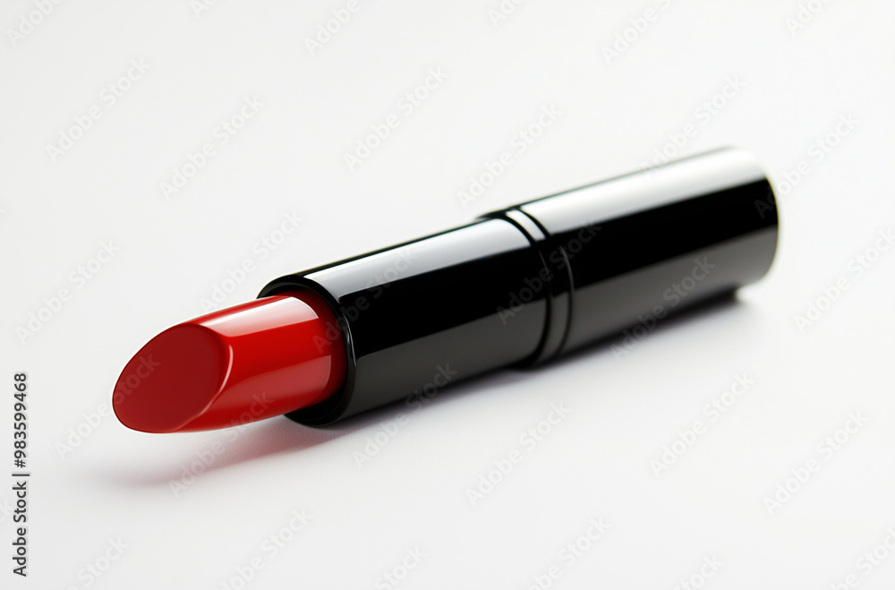 Glossy Red Lipstick Tube: Capped and Slightly Tilted for a Touch of Glamour Glossy Red Lipstick Tube: Capped and Slightly Tilted for a Touch of Glamour