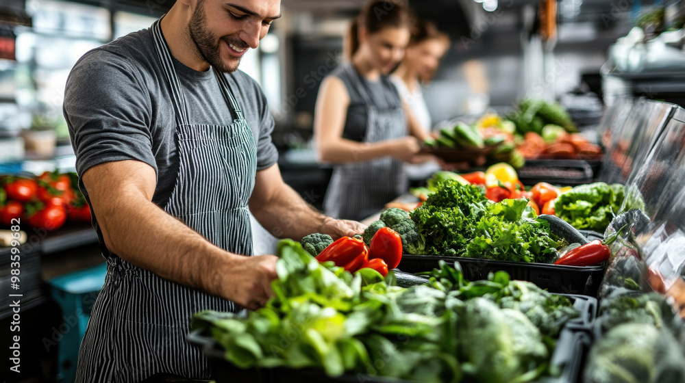 Fresh vegetables are being carefully arranged by man in an apron, showcasing vibrant selection of greens and reds in market setting. atmosphere is lively and promotes healthy eating Fresh vegetables are being carefully arranged by man in an apron, showcasing vibrant selection of greens and reds in market setting. atmosphere is lively and promotes healthy eating