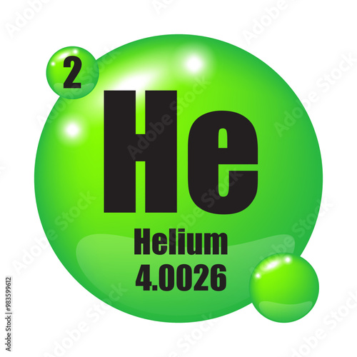 Helium element icon. Atomic number two. Periodic table symbol. Glossy green background.