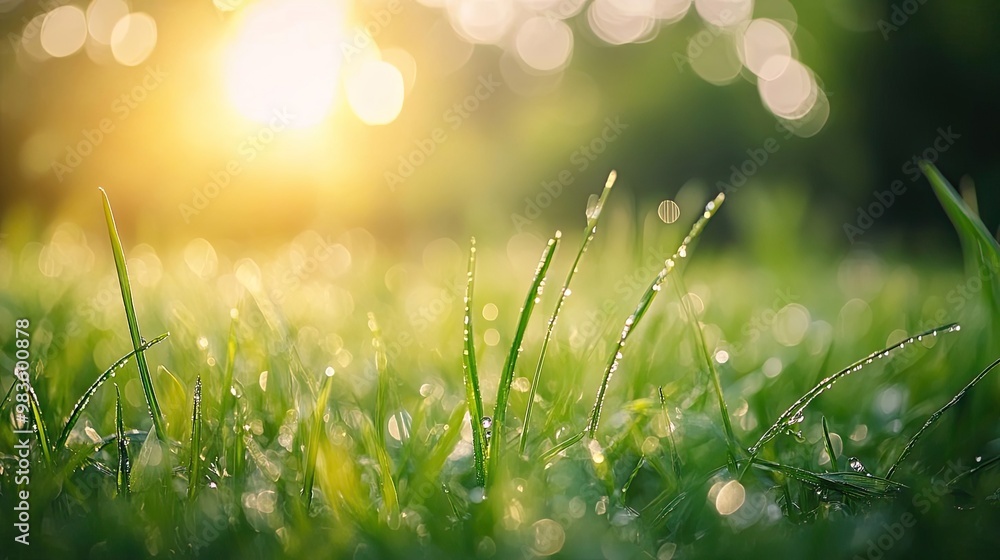 Obraz premium Vibrant grass glistening with dew under the warm light of the morning sun, capturing nature's tranquility and beauty.