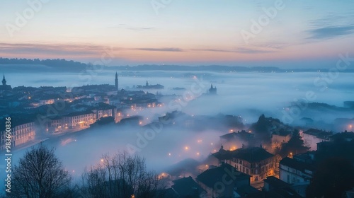 A breathtaking view of a foggy cityscape at dawn, with soft light illuminating historic buildings and peaceful streets.