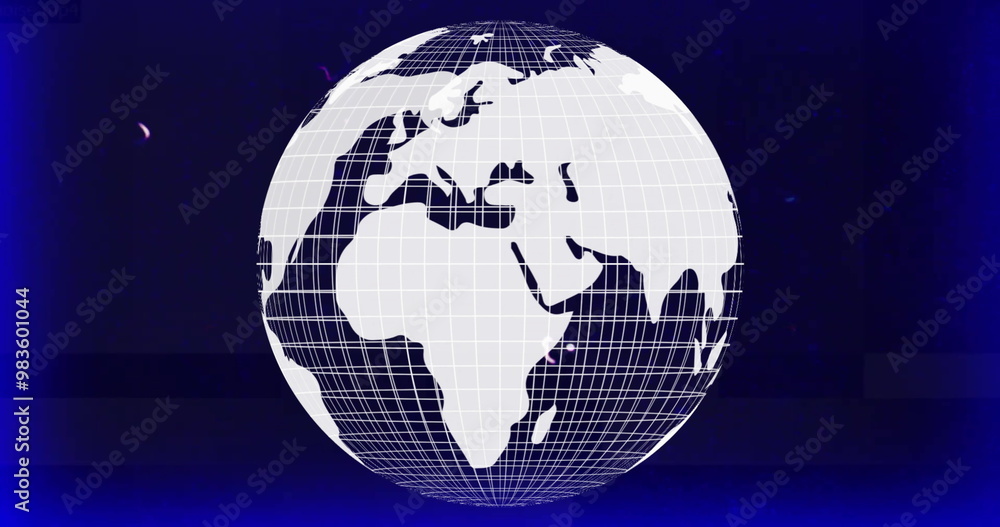 Naklejka premium Rotating globe with grid lines image over dark blue background