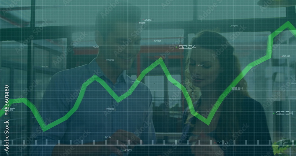 Financial data graph image over business people discussing in office Financial data graph image over business people discussing in office