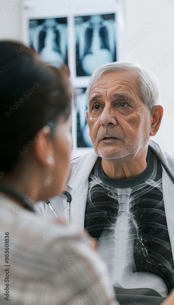 Senior man discusses lung x ray results with female doctor in medical clinic setting Senior man discusses lung x ray results with female doctor in medical clinic setting
