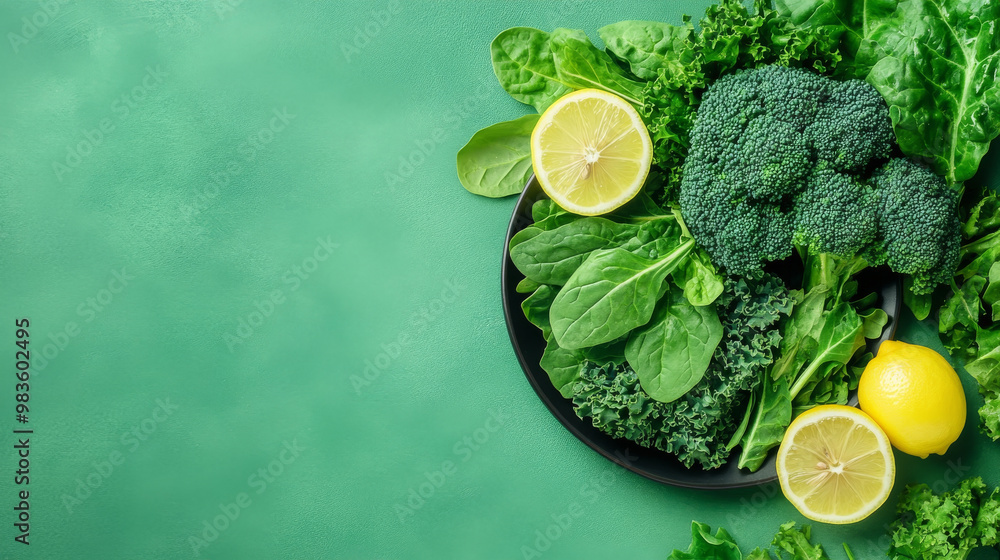 Fresh leafy greens arranged on black plate with vibrant lemon slices create healthy and appetizing display. This colorful assortment includes broccoli, spinach, and kale, perfect for nutritious meals Fresh leafy greens arranged on black plate with vibrant lemon slices create healthy and appetizing display. This colorful assortment includes broccoli, spinach, and kale, perfect for nutritious meals