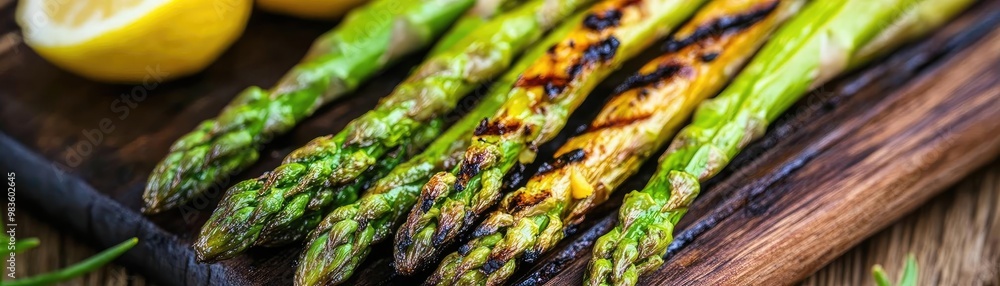 Grilled asparagus spears with a touch of lemon on a wooden board, perfect for healthy meals and gourmet dishes.