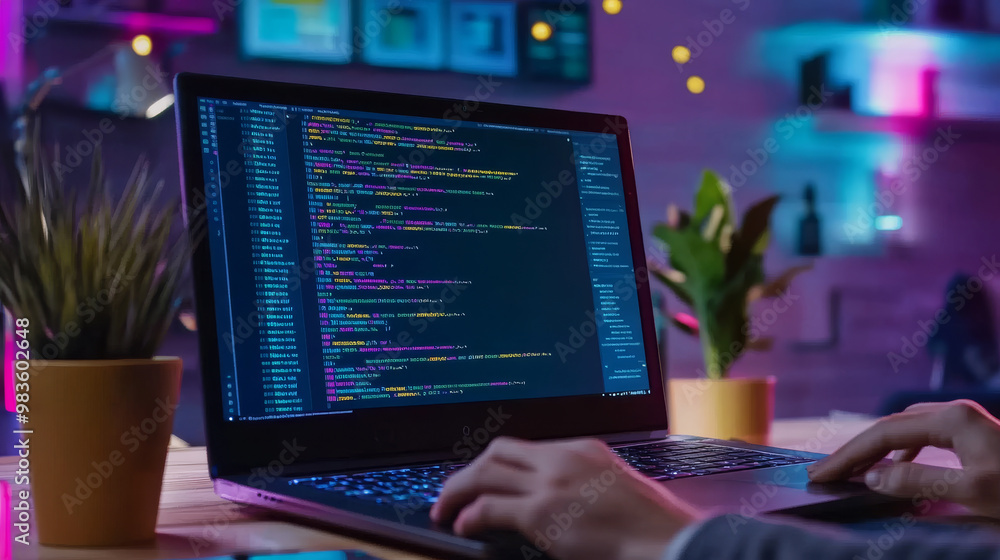 A developer using code editor with dark theme, focused on coding in modern workspace. vibrant colors of code contrast with ambient lighting, creating an engaging atmosphere A developer using code editor with dark theme, focused on coding in modern workspace. vibrant colors of code contrast with ambient lighting, creating an engaging atmosphere
