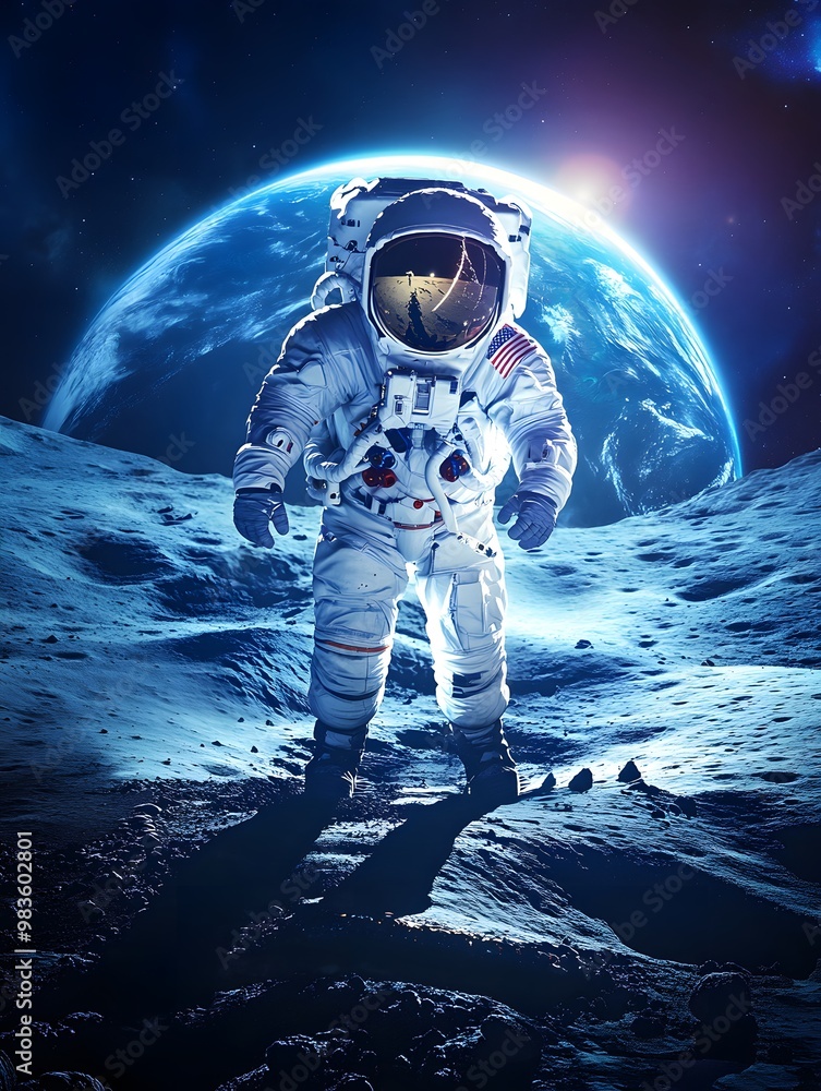 Fototapeta premium Astronaut on the Moon with Earth in the Background