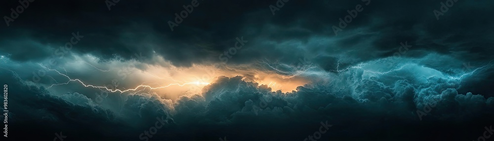 Dramatic storm clouds with a glowing light on the horizon, creating a captivating and intense atmosphere. Dramatic storm clouds with a glowing light on the horizon, creating a captivating and intense atmosphere.