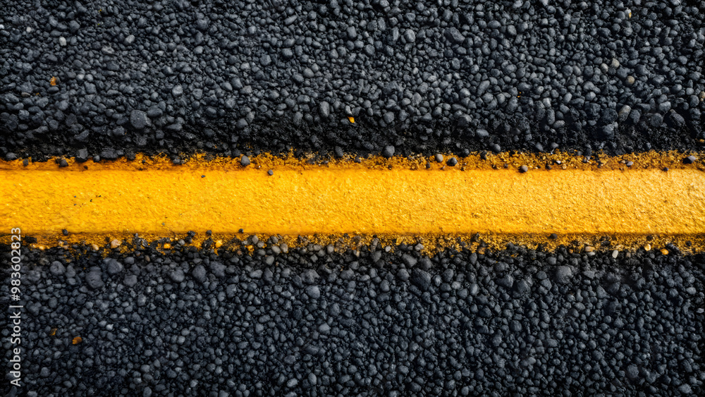 Fototapeta premium Close-up of asphalt road surface with bright yellow line marking 