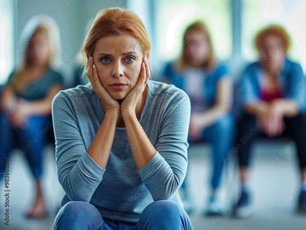 A woman is sitting on the floor with her hands on her knees. She looks sad and is staring at the camera. There are other people in the background, but they are not the main focus of the image