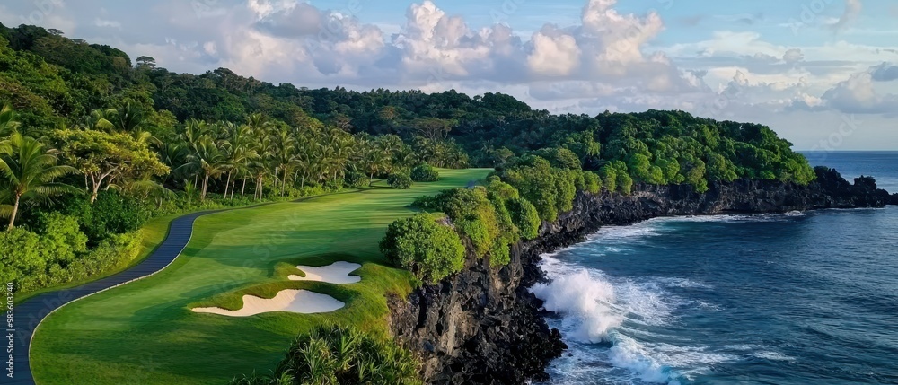 Obraz premium Scenic golf course nestled between lush hills and an ocean coastline, offering breathtaking views and tranquil surroundings.