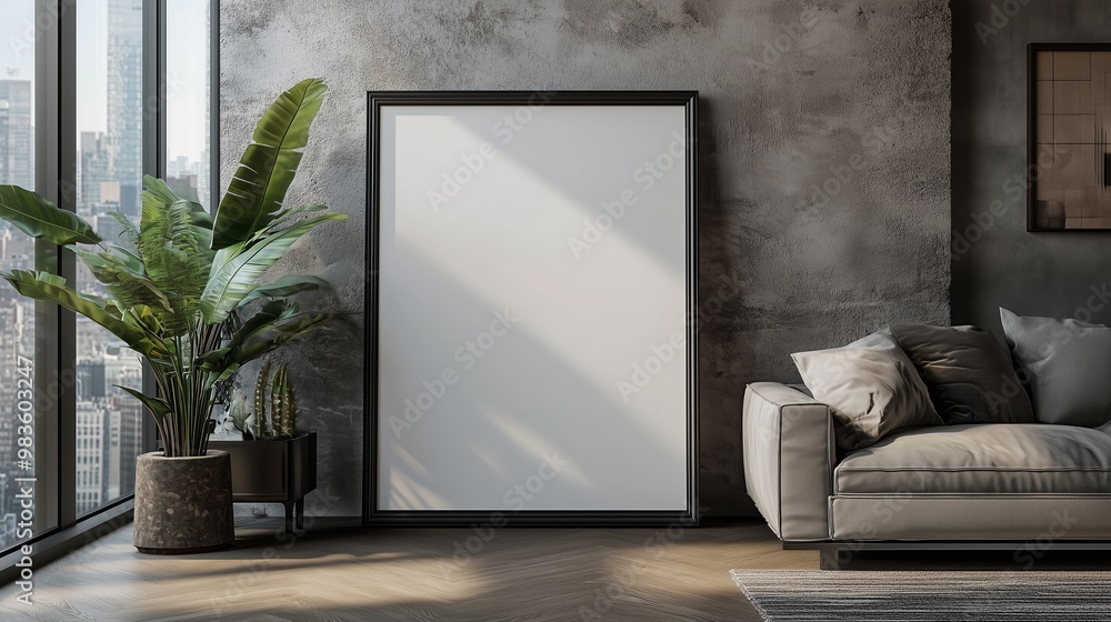 Modern living room with empty frame and indoor plants overlooking a city skyline during daylight Modern living room with empty frame and indoor plants overlooking a city skyline during daylight