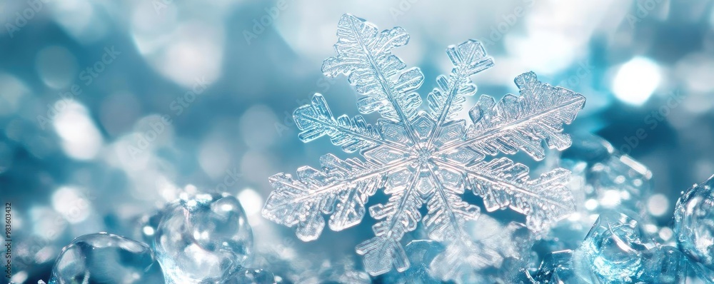 A beautiful snowflake resting on shimmering ice, capturing the essence of winter's delicate beauty and serenity. A beautiful snowflake resting on shimmering ice, capturing the essence of winter's delicate beauty and serenity.