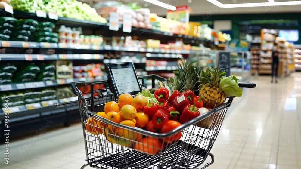 A shopping cart filled with fresh produce sits in a grocery store aisle, featuring a tablet displaying a shopping list among colorful fruits and vegetables. A shopping cart filled with fresh produce sits in a grocery store aisle, featuring a tablet displaying a shopping list among colorful fruits and vegetables.