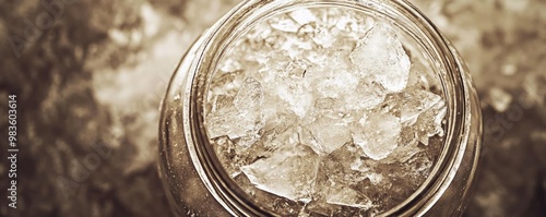 A close-up view of a jar filled with clear ice, showcasing texture and reflections, perfect for beverage or food-related imagery. photo