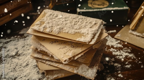 A cozy winter scene depicting a stack of snow-dusted letters on a wooden table, evoking nostalgia and holiday warmth.