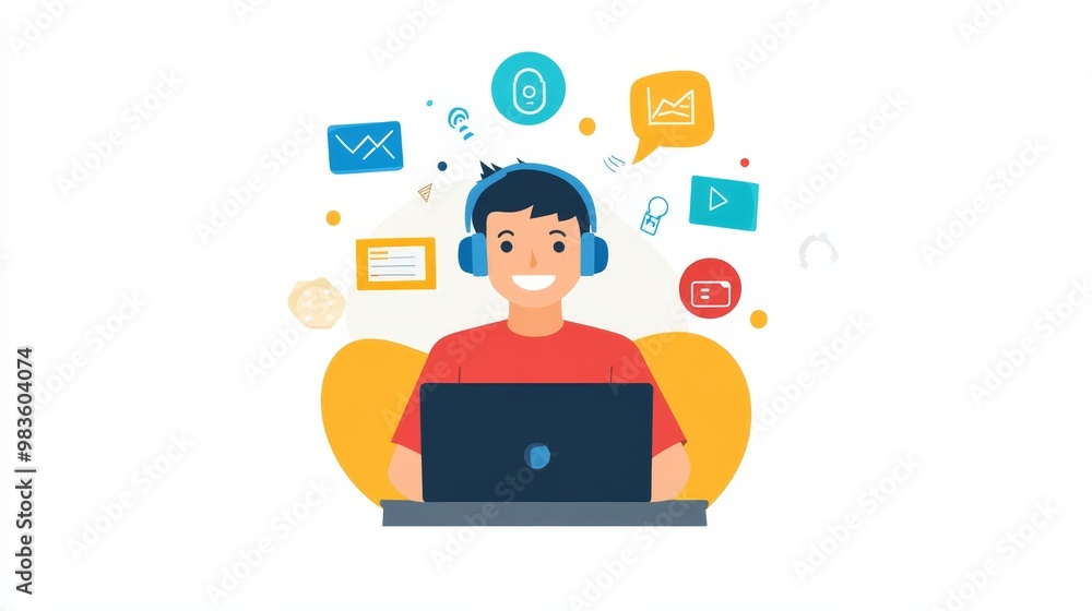 Happy Man Using Laptop with Icons Representing Online Activities Happy Man Using Laptop with Icons Representing Online Activities