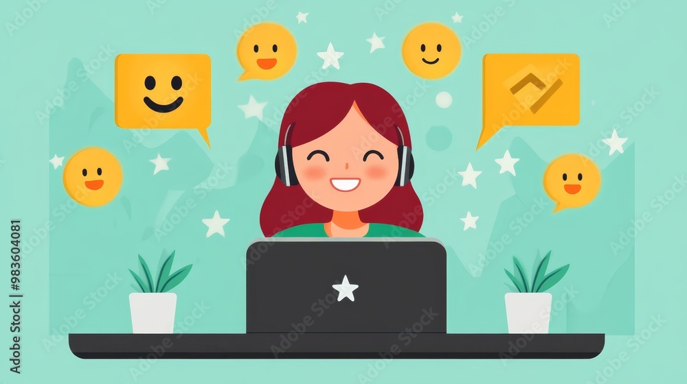 Happy Woman Using Laptop with Positive Feedback and Stars Happy Woman Using Laptop with Positive Feedback and Stars
