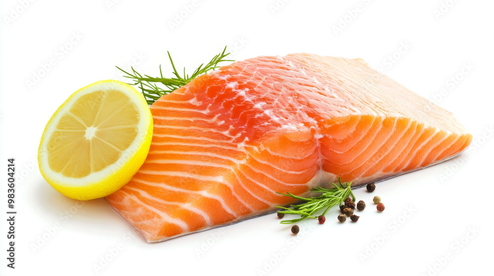 Fresh salmon steak with lemon wedge and herbs, showcasing vibrant colors and textures, perfect for culinary presentations and healthy meals Fresh salmon steak with lemon wedge and herbs, showcasing vibrant colors and textures, perfect for culinary presentations and healthy meals