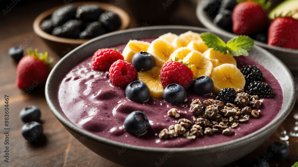 Bowl of acai smoothie with toppings background Bowl of acai smoothie with toppings background