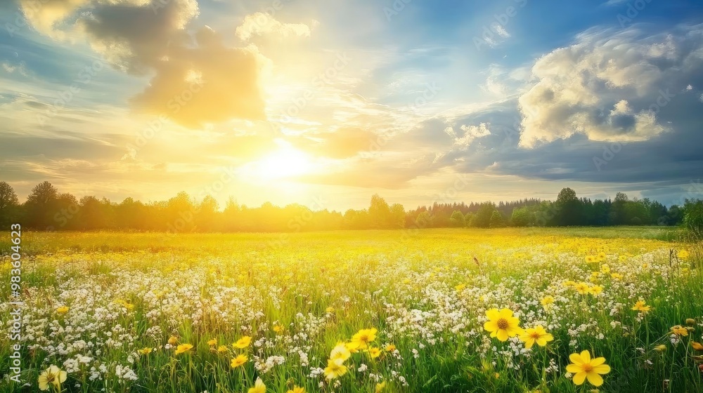 A breathtaking sunrise over a vibrant flower field, showcasing nature's beauty and tranquility with colorful blooms and soft clouds. A breathtaking sunrise over a vibrant flower field, showcasing nature's beauty and tranquility with colorful blooms and soft clouds.