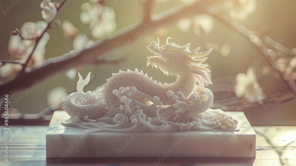 White dragon sculpture with a peaceful background of cherry blossoms White dragon sculpture with a peaceful background of cherry blossoms