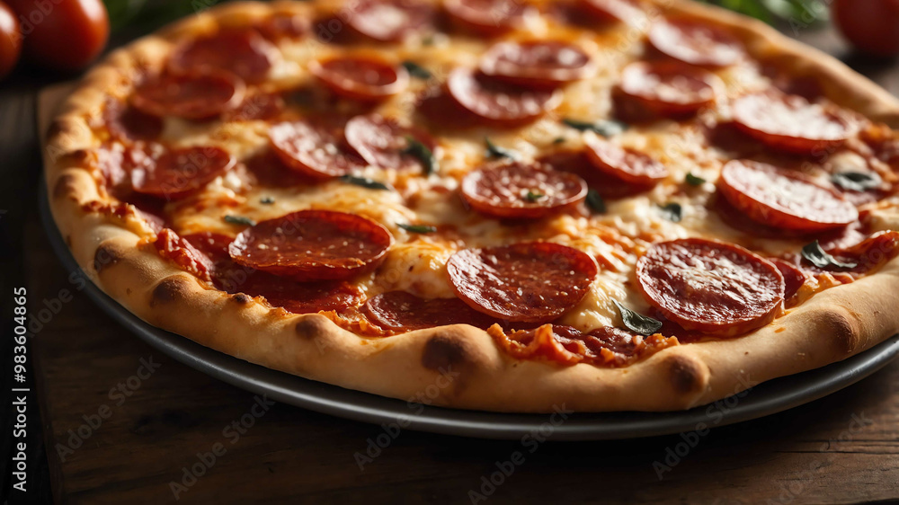 Classic pepperoni pizza on wooden table background Classic pepperoni pizza on wooden table background