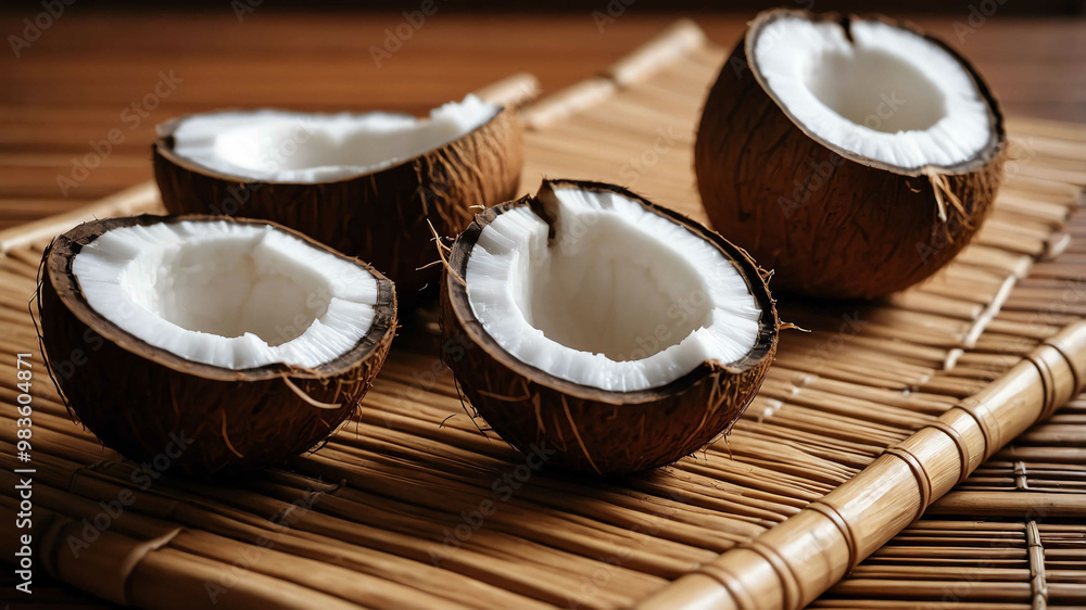 Coconut halves on bamboo mat background Coconut halves on bamboo mat background