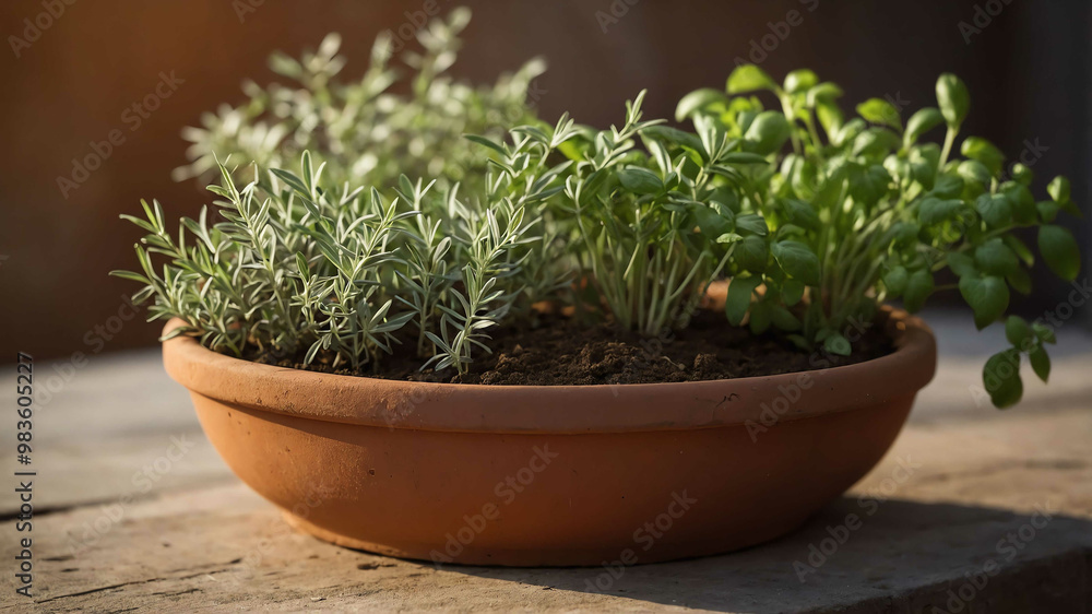 Fresh herbs growing in clay planter background Fresh herbs growing in clay planter background